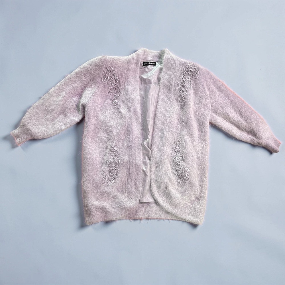 Vtg LEE SANDS Gray Angora Rabbit Hair Cardigan Sweater ~ Pearl Beaded Embroidery